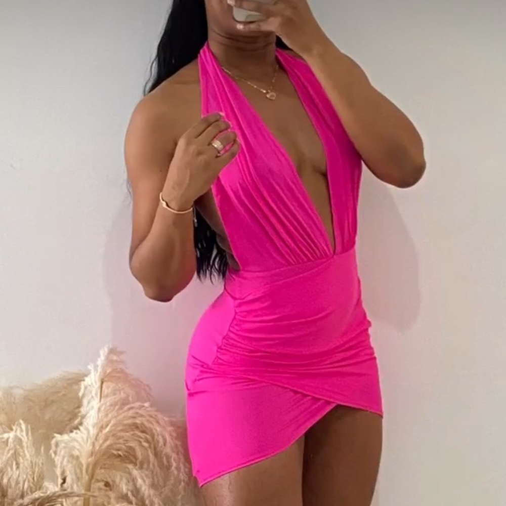 Pink Plunging Neck Halter Dress